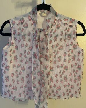 VTG Fairy Pink Floral Ruffle Y2K Sheer Breezy Feminine Tokyo Blouse Top Tie M/L